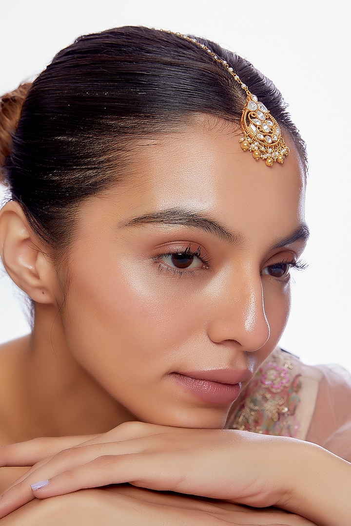 Gold Plated Moissanite Diamond Maangtikka in Sterling Silver by Vinanti Manji at Pernia's Pop Up Shop
