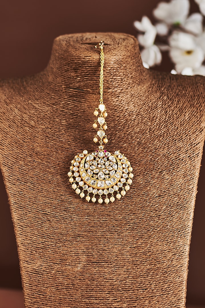 Gold Plated Moissanite Diamond Maangtikka in Sterling Silver by Vinanti Manji at Pernia's Pop Up Shop