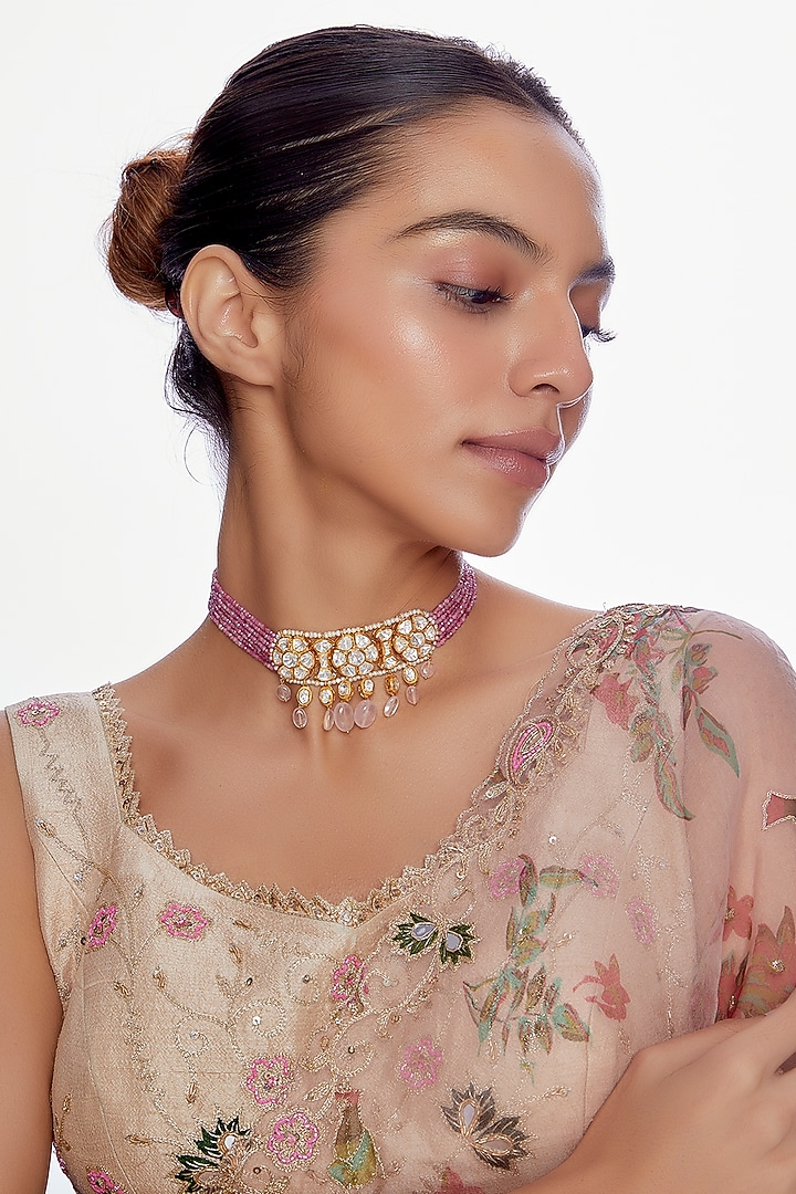 Gold Plated Moissanite Diamond Choker Necklace in Sterling Silver by Vinanti Manji at Pernia's Pop Up Shop
