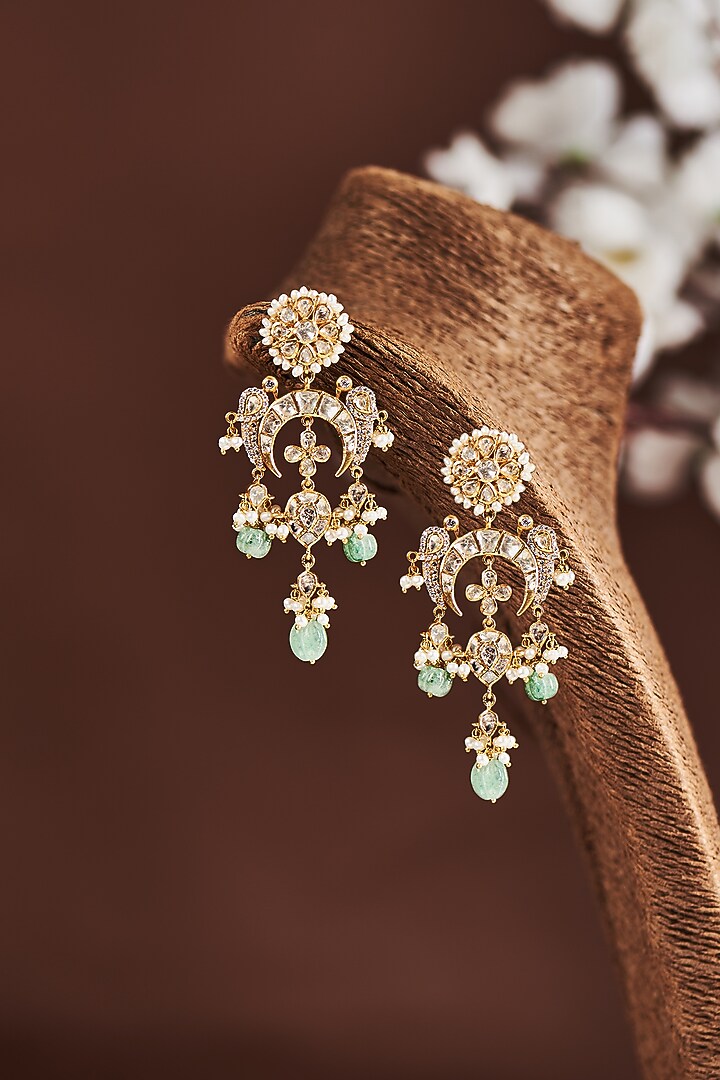 Gold Plated Moissanite Diamond Dangler Earrings in Sterling Silver by Vinanti Manji at Pernia's Pop Up Shop