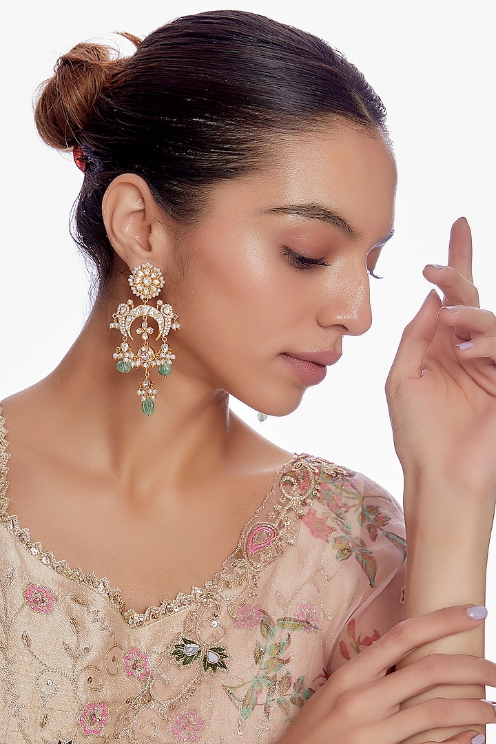 Gold Plated Moissanite Diamond Dangler Earrings in Sterling Silver by Vinanti Manji at Pernia's Pop Up Shop