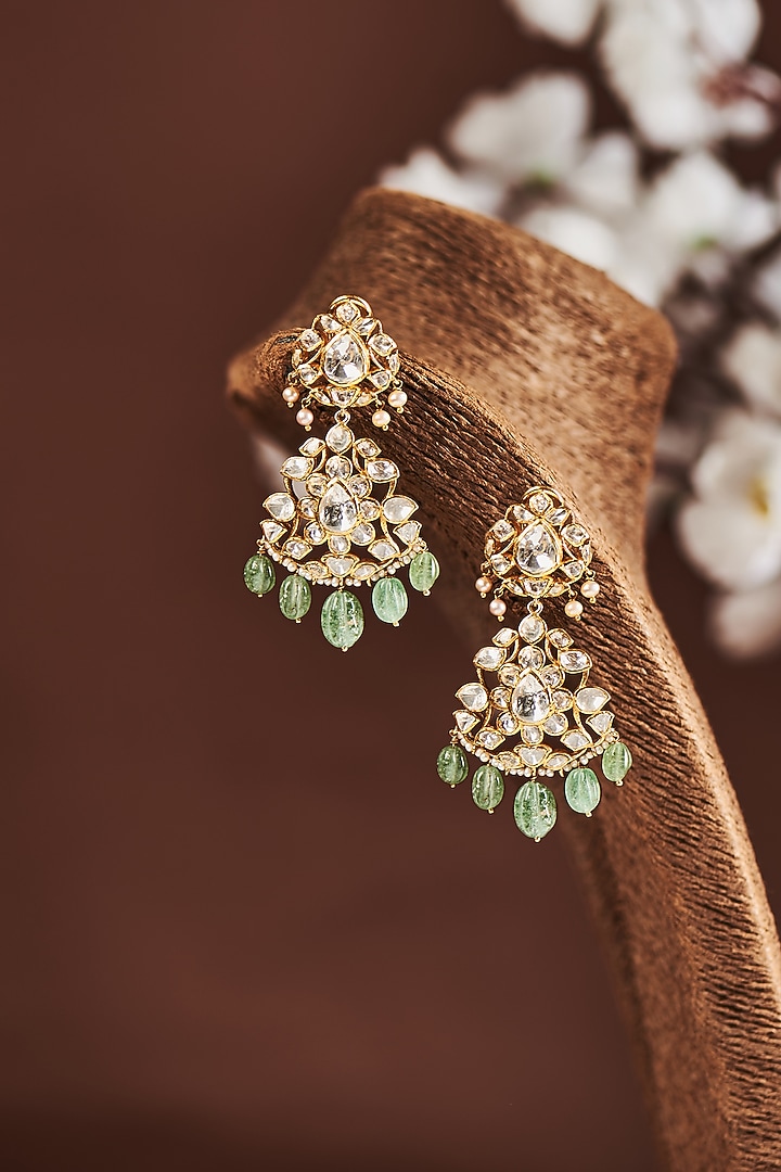 Gold Plated Moissanite Diamond Dangler Earrings by Vinanti Manji at Pernia's Pop Up Shop
