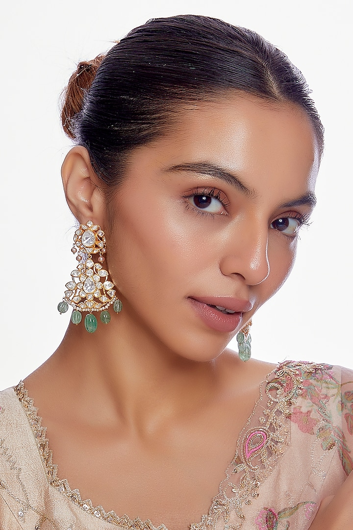 Gold Plated Moissanite Diamond Dangler Earrings by Vinanti Manji at Pernia's Pop Up Shop