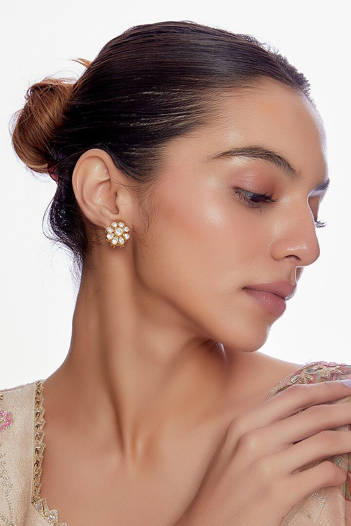 Gold Plated Moissanite Diamond Stud Earrings in Sterling Silver by Vinanti Manji at Pernia's Pop Up Shop