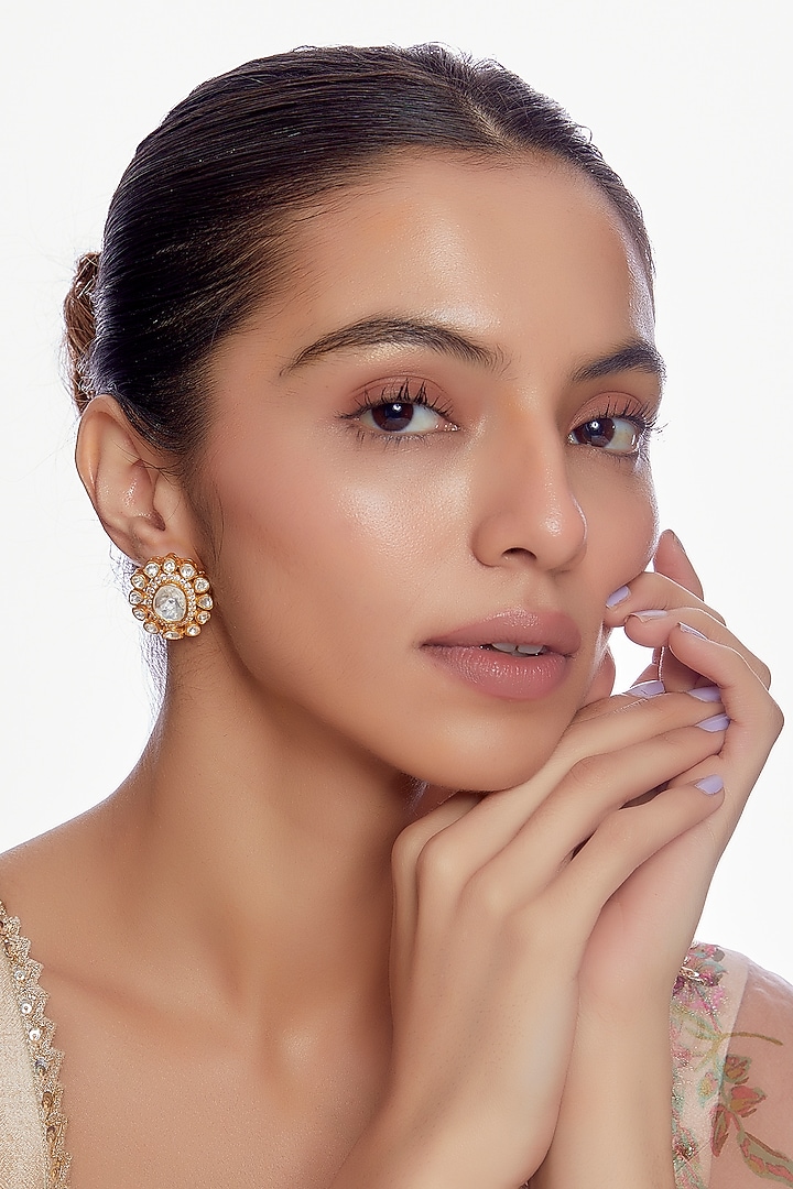 Gold Plated Moissanite Diamond Stud Earrings in Sterling Silver by Vinanti Manji at Pernia's Pop Up Shop