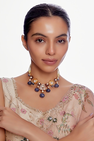 Gold Plated Moissanite Diamond Necklace in Sterling Silver by Vinanti Manji