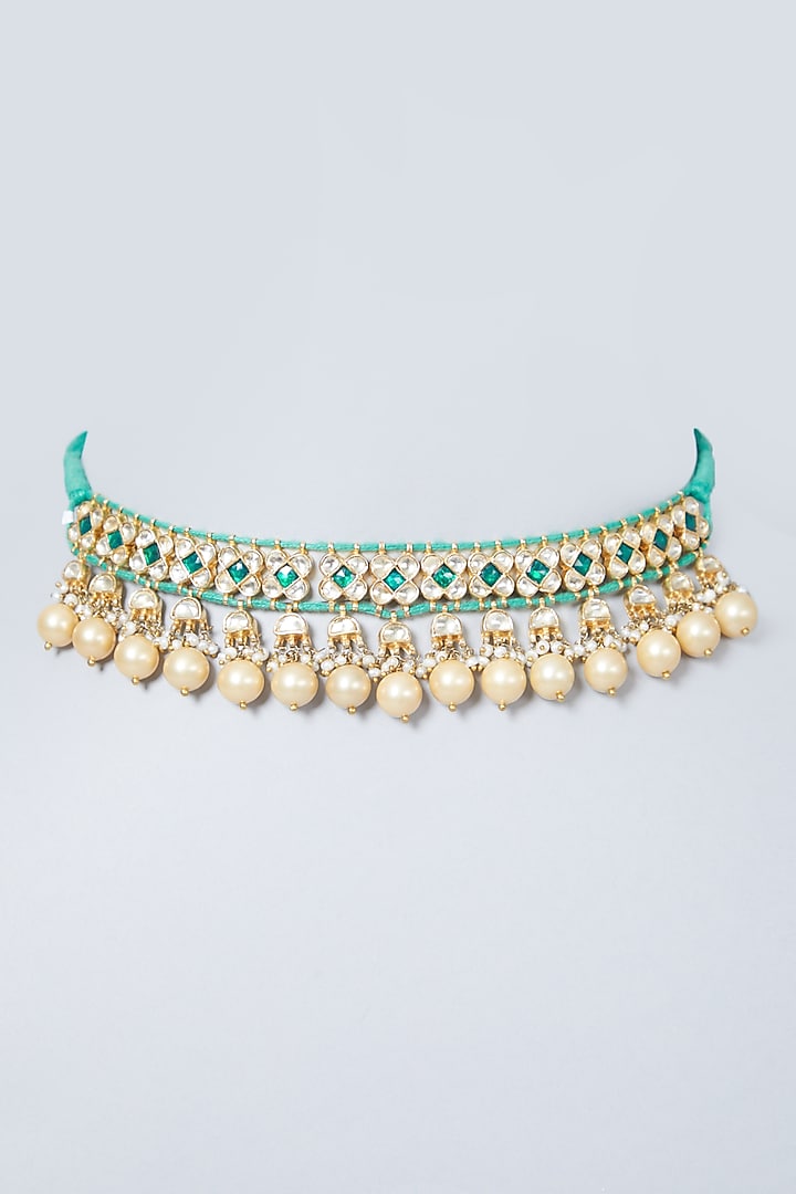 Gold Finish Kundan Polki & Emerald Choker Necklace In Sterling Silver by Vinanti Manji at Pernia's Pop Up Shop