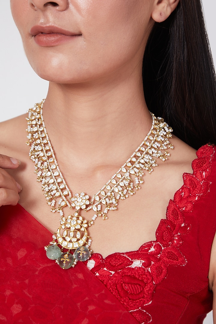 Gold Finish Moissanite Polki & Diamond Long Necklace In Sterling Silver by Vinanti Manji at Pernia's Pop Up Shop