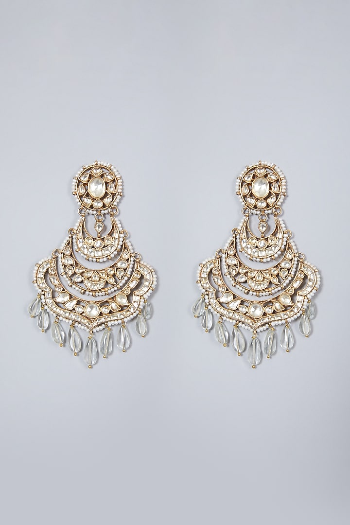 Gold Finish Kundan Polki Chandbali Earrings In Sterling Silver by Vinanti Manji at Pernia's Pop Up Shop