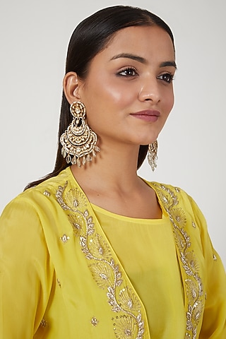 Gold Finish Kundan Polki Chandbali Earrings In Sterling Silver by Vinanti Manji