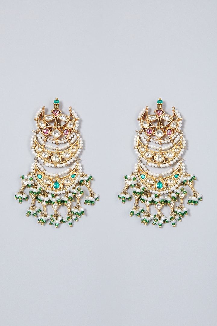 Gold Finish Emerald & Pearl Chandbali Earrings In Sterling Silver by Vinanti Manji at Pernia's Pop Up Shop