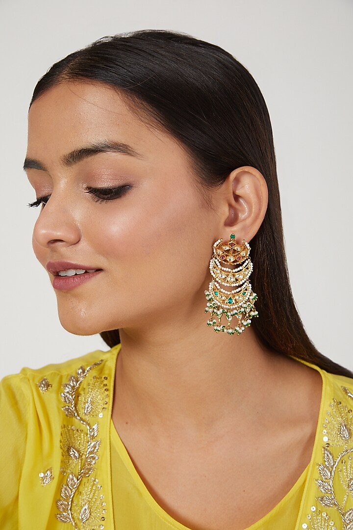 Gold Finish Emerald & Pearl Chandbali Earrings In Sterling Silver by Vinanti Manji at Pernia's Pop Up Shop