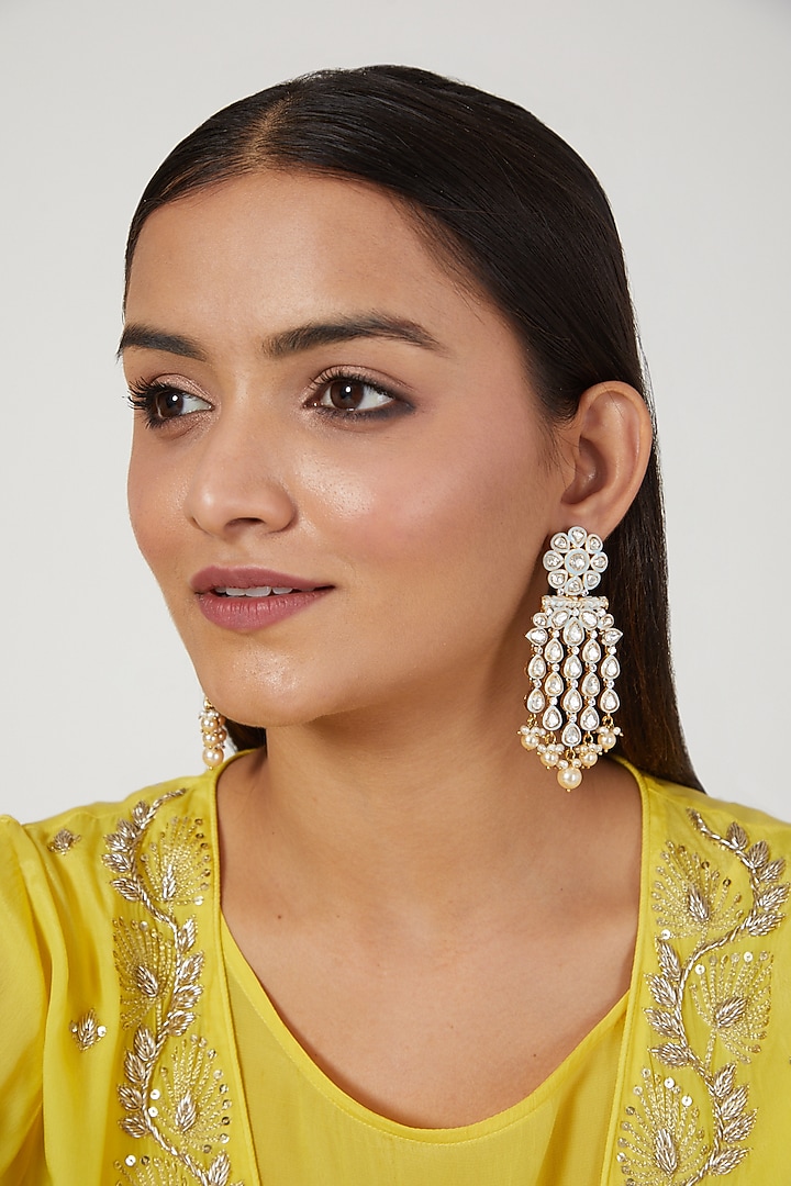 Gold Finish Diamond Meenakari Earrings In Sterling Silver by Vinanti Manji at Pernia's Pop Up Shop