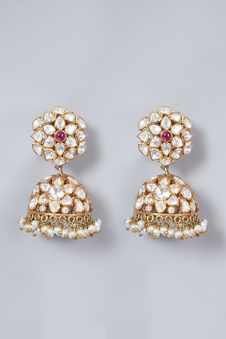 Gold Finish Diamond & Ruby Dangler Earrings In Sterling Silver by Vinanti Manji at Pernia's Pop Up Shop