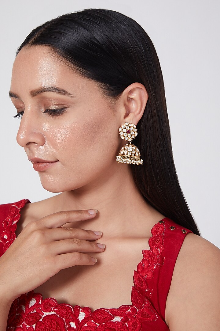 Gold Finish Diamond & Ruby Dangler Earrings In Sterling Silver by Vinanti Manji at Pernia's Pop Up Shop