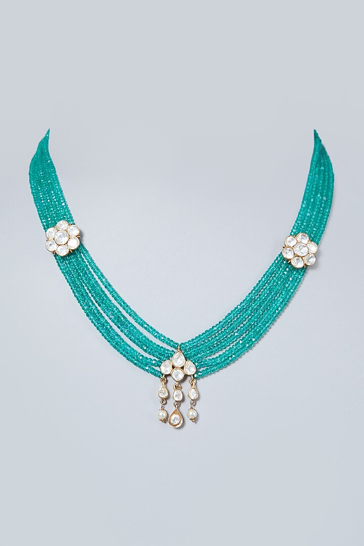 Gold Finish Green Quartz Beaded Long Necklace In Sterling Silver by Vinanti Manji at Pernia's Pop Up Shop