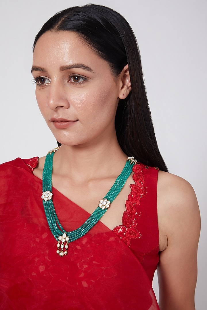 Gold Finish Green Quartz Beaded Long Necklace In Sterling Silver by Vinanti Manji at Pernia's Pop Up Shop