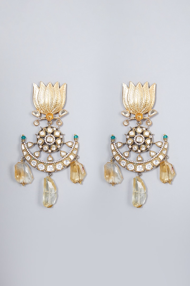 Gold Finish Sapphire Dangler Earrings In Sterling Silver by Vinanti Manji at Pernia's Pop Up Shop