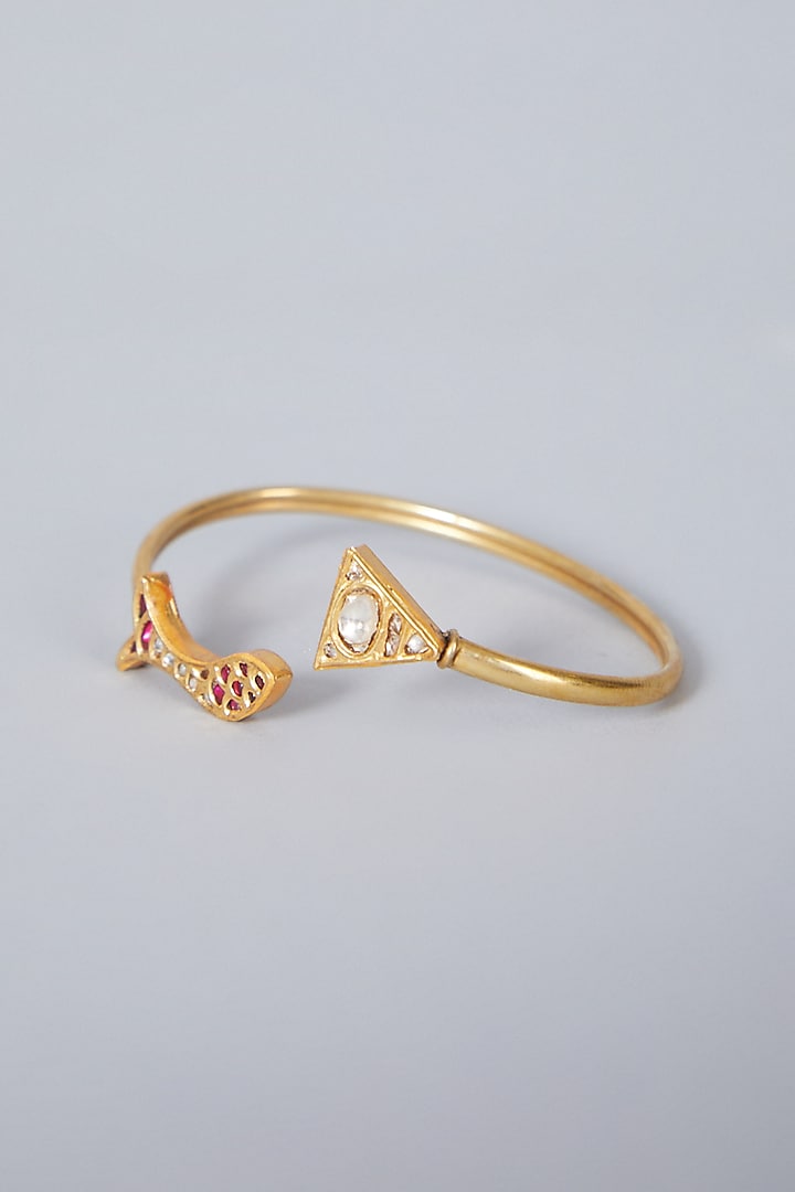 Gold Finish Kundan Polki Cuff In Sterling Silver by Vinanti Manji at Pernia's Pop Up Shop