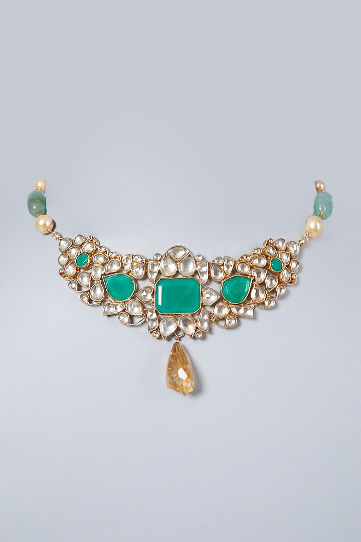 Gold Finish Kundan Polki & Jade Choker Necklace In Sterling Silver by Vinanti Manji at Pernia's Pop Up Shop