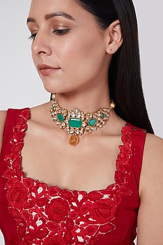 Gold Finish Kundan Polki & Jade Choker Necklace In Sterling Silver by Vinanti Manji