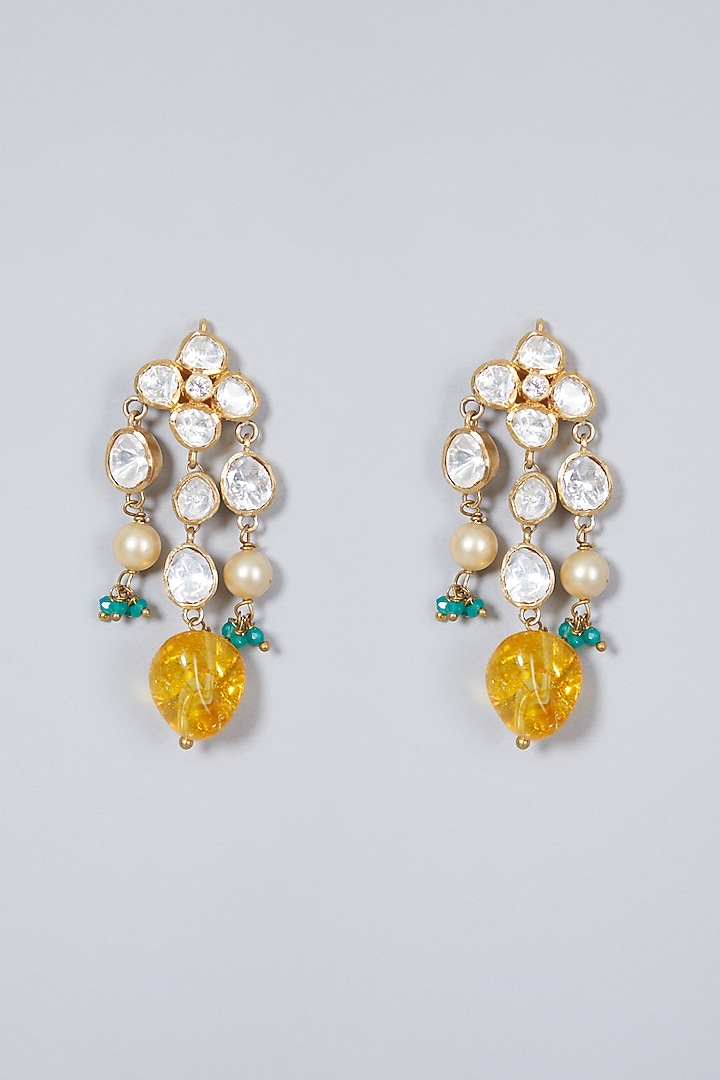 Gold Finish Diamond Dangler Earrings In Sterling Silver by Vinanti Manji at Pernia's Pop Up Shop