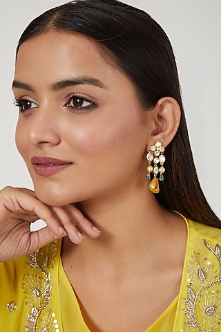 Gold Finish Diamond Dangler Earrings In Sterling Silver by Vinanti Manji