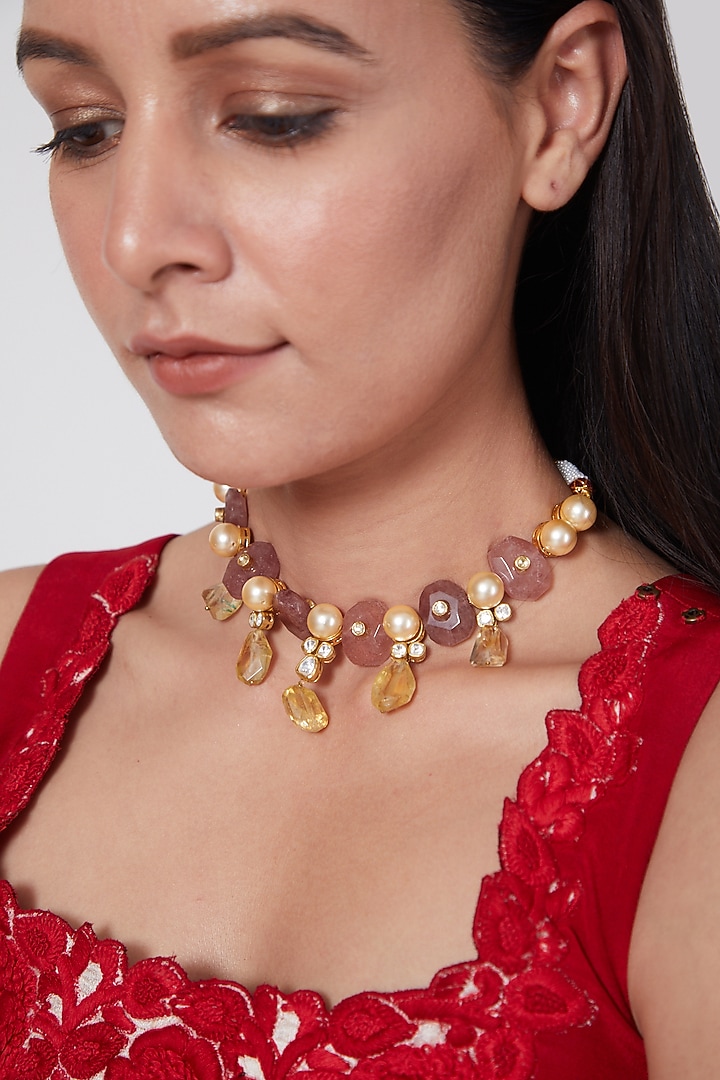Gold Finish Shell Pearl Choker Necklace In Sterling Silver by Vinanti Manji at Pernia's Pop Up Shop