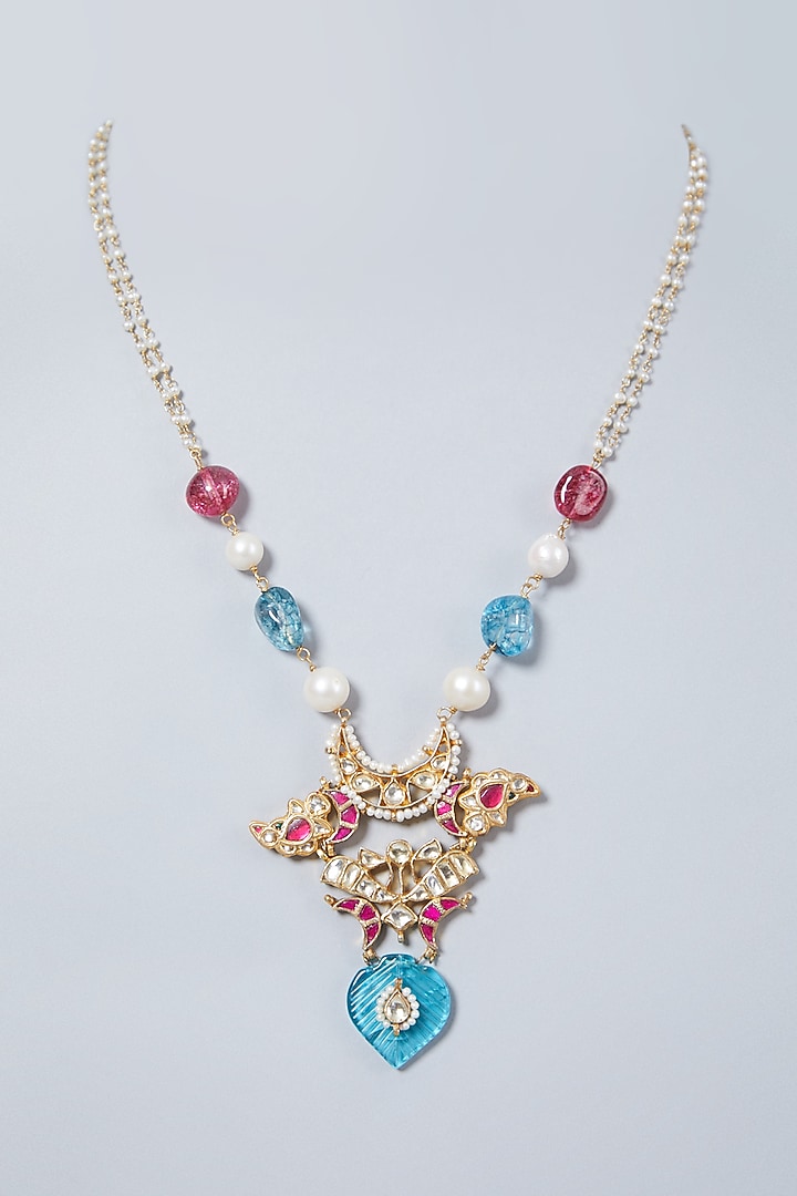 Gold Finish Tourmaline & Turquoise Long Necklace In Sterling Silver by Vinanti Manji at Pernia's Pop Up Shop