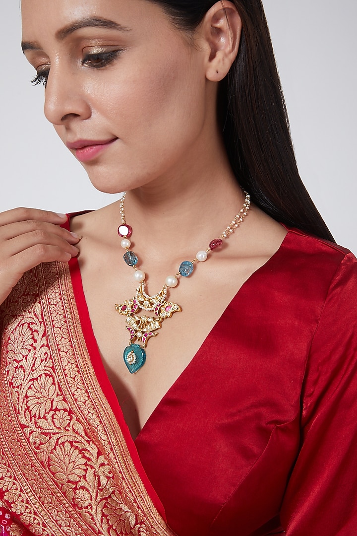 Gold Finish Tourmaline & Turquoise Long Necklace In Sterling Silver by Vinanti Manji at Pernia's Pop Up Shop