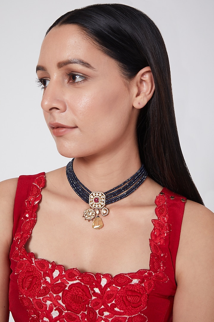 Gold Finish Beads & Pearl Choker Necklace In Sterling Silver by Vinanti Manji