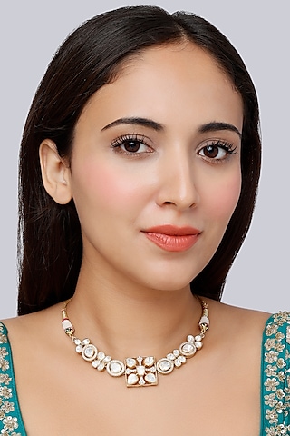 Gold Finish Moissanite Diamond Indo-Western Choker Necklace In Sterling Silver by Vinanti Manji