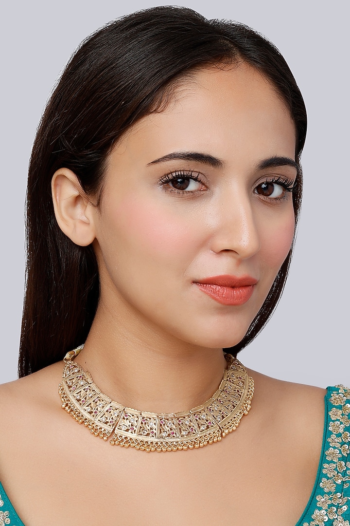 Gold Finish Ruby Synthetic Stone Temple Necklace In Sterling Silver by Vinanti Manji at Pernia's Pop Up Shop