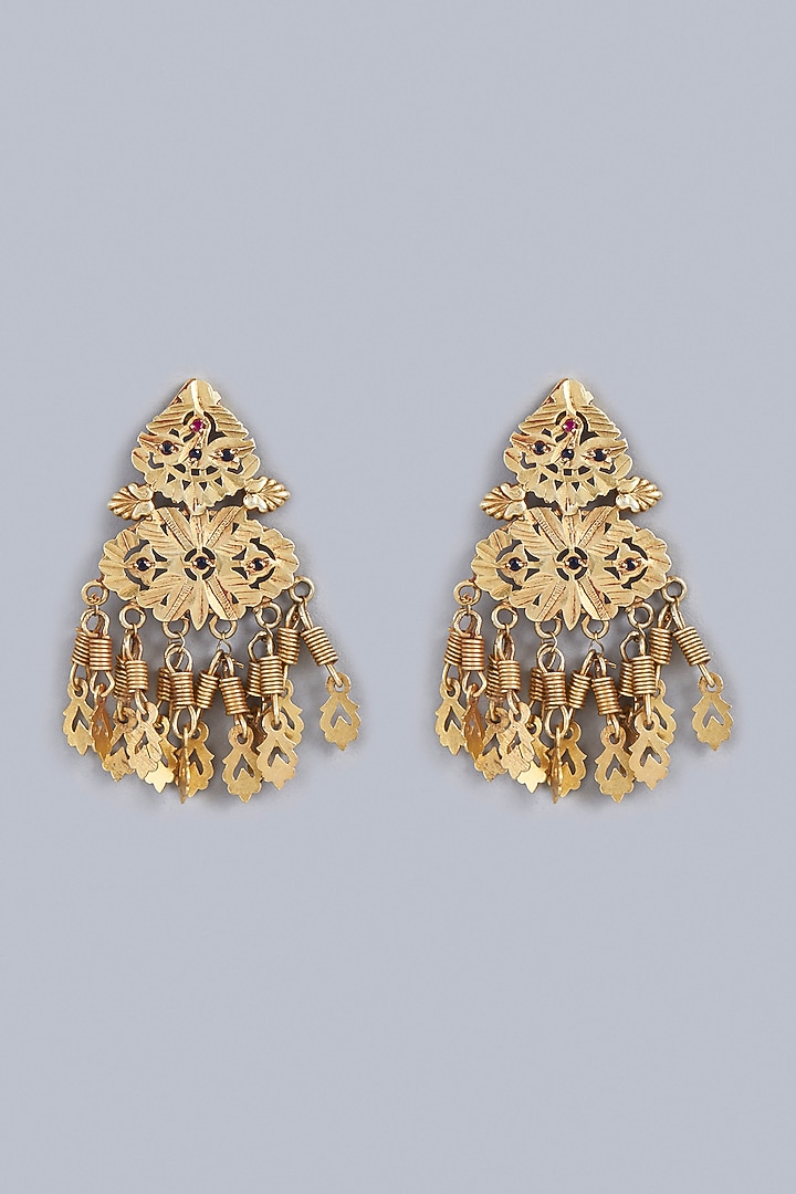 Gold Finish Ruby Synthetic Stone Temple Dangler Earrings In Sterling Silver by Vinanti Manji at Pernia's Pop Up Shop