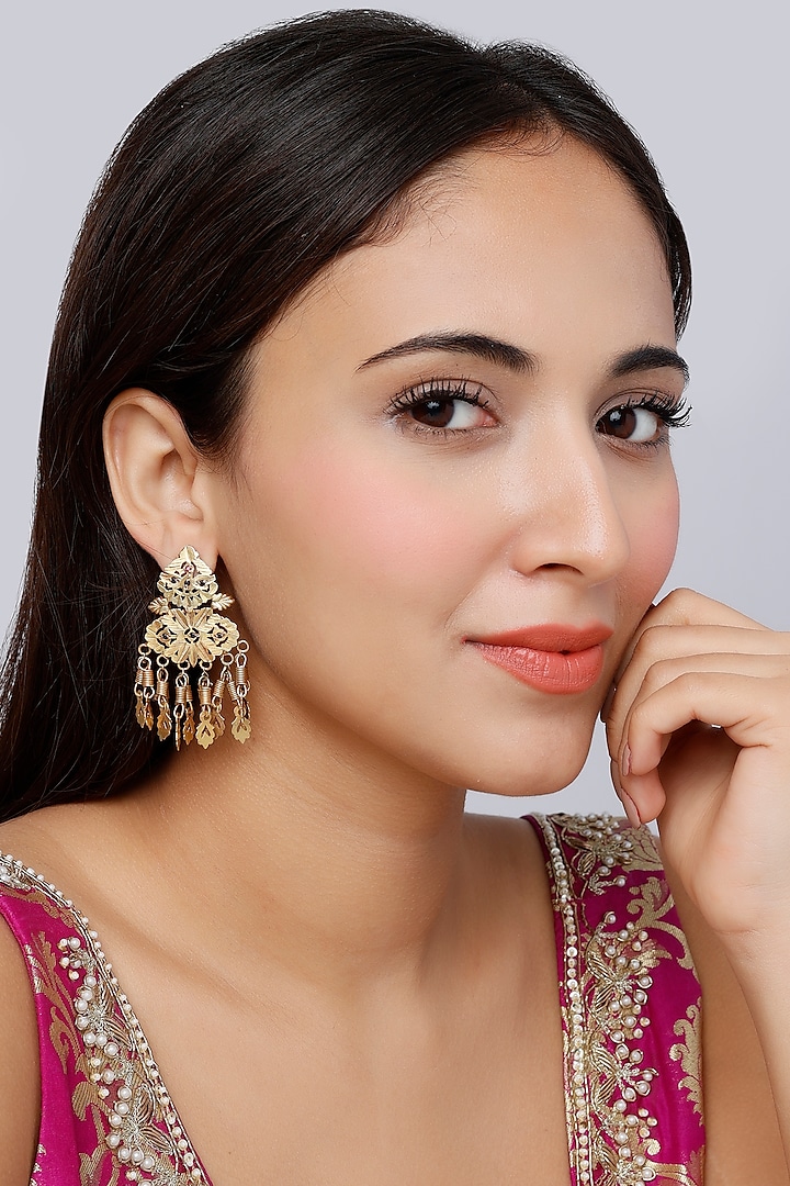 Gold Finish Ruby Synthetic Stone Temple Dangler Earrings In Sterling Silver by Vinanti Manji at Pernia's Pop Up Shop