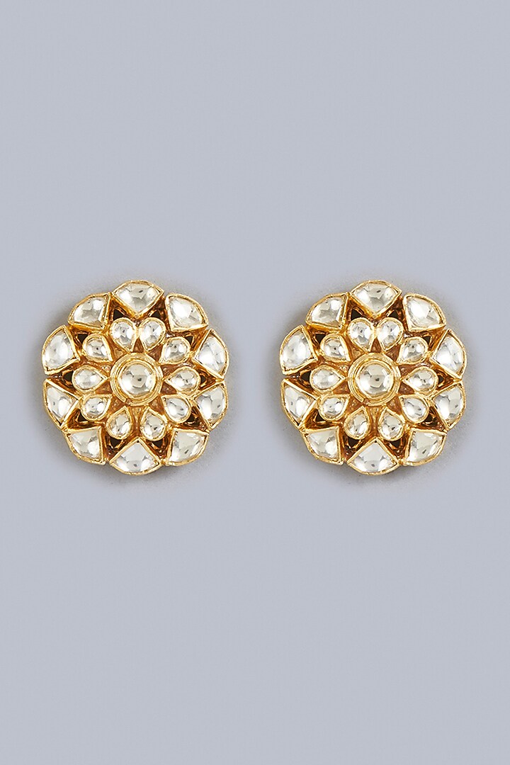 Gold Finish Kundan Polki Traditional Stud Earrings In Sterling Silver by Vinanti Manji at Pernia's Pop Up Shop