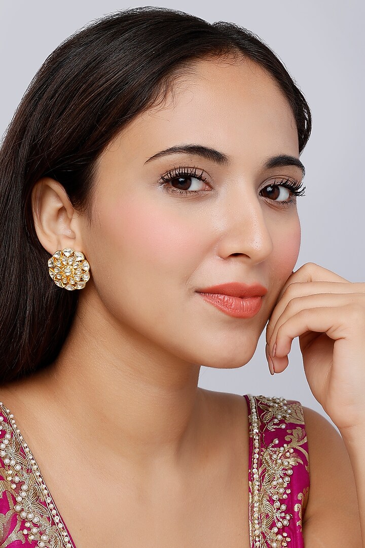 Gold Finish Kundan Polki Traditional Stud Earrings In Sterling Silver by Vinanti Manji at Pernia's Pop Up Shop