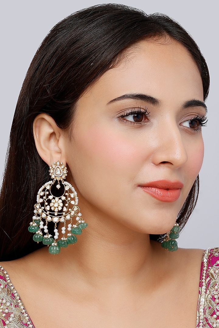 Gold Finish Moissanite Diamond Indo-Western Chandabali Earrings In Sterling Silver by Vinanti Manji at Pernia's Pop Up Shop