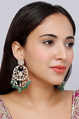 Gold Finish Moissanite Diamond Indo-Western Chandabali Earrings In Sterling Silver by Vinanti Manji
