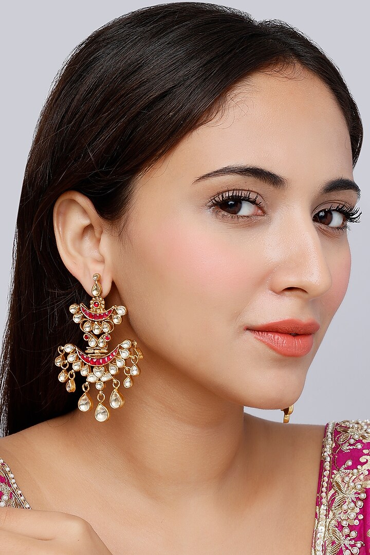 Gold Finish Kundan Polki Traditional Dangler Earrings In Sterling Silver by Vinanti Manji at Pernia's Pop Up Shop