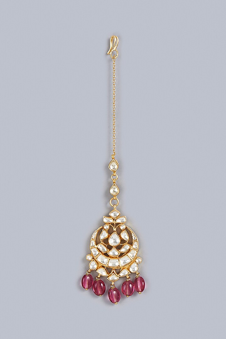 Gold Finish Kundan Polki Maangtikka In Sterling Silver by Vinanti Manji at Pernia's Pop Up Shop