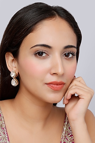 Gold Finish Kundan Polki Indo-Western Dangler Earrings In Sterling Silver by Vinanti Manji