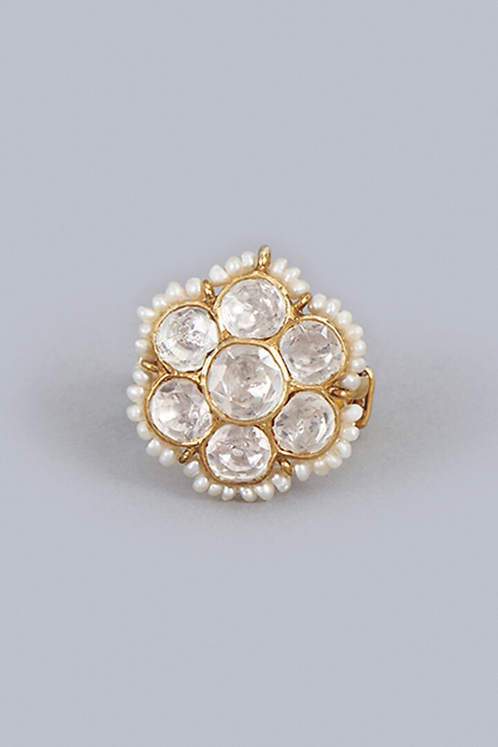 Gold Finish Kundan Polki Indo-Western Adjustable Finger Ring In Sterling Silver by Vinanti Manji at Pernia's Pop Up Shop