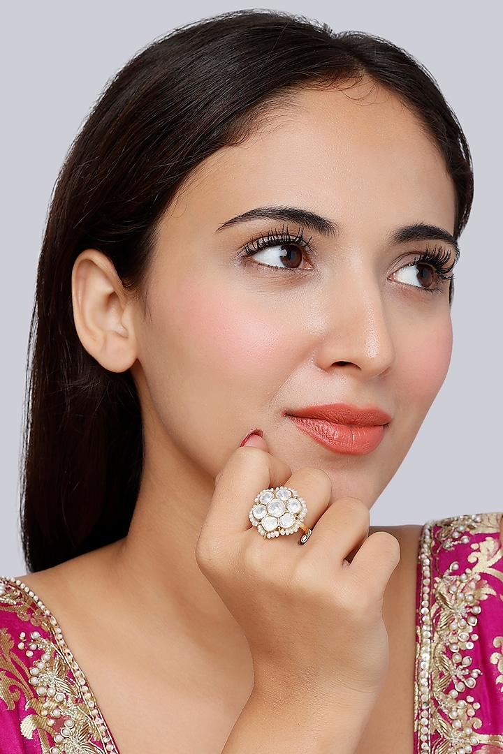 Gold Finish Kundan Polki Indo-Western Adjustable Finger Ring In Sterling Silver by Vinanti Manji at Pernia's Pop Up Shop
