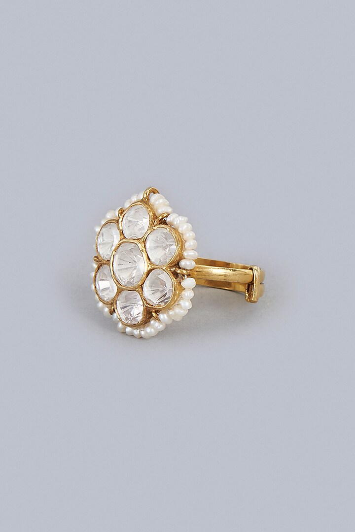 Gold Finish Kundan Polki Indo-Western Adjustable Finger Ring In Sterling Silver by Vinanti Manji at Pernia's Pop Up Shop