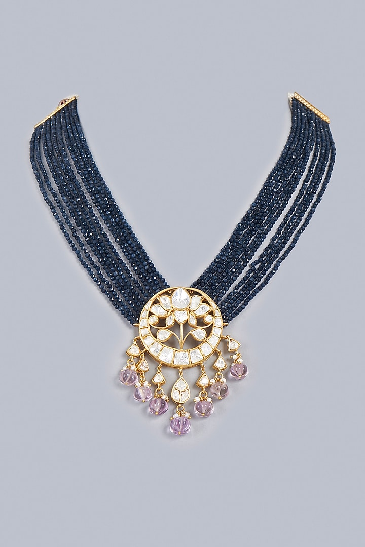 Gold Finish Kundan Polki Indo-Western Long Lotus Necklace In Sterling Silver by Vinanti Manji at Pernia's Pop Up Shop