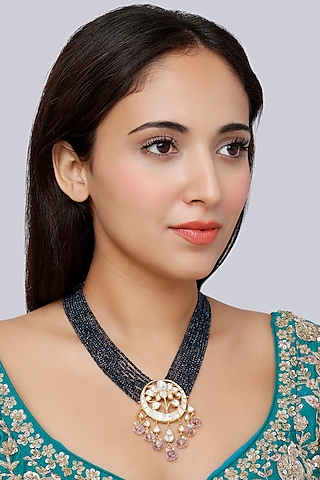 Gold Finish Kundan Polki Indo-Western Long Lotus Necklace In Sterling Silver by Vinanti Manji