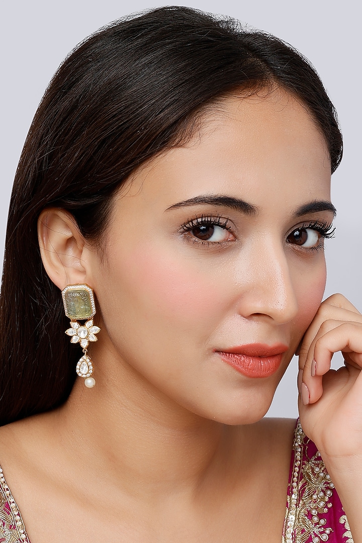 Gold Finish Moissanite Diamond Indo-Western Dangler Earrings In Sterling Silver by Vinanti Manji at Pernia's Pop Up Shop