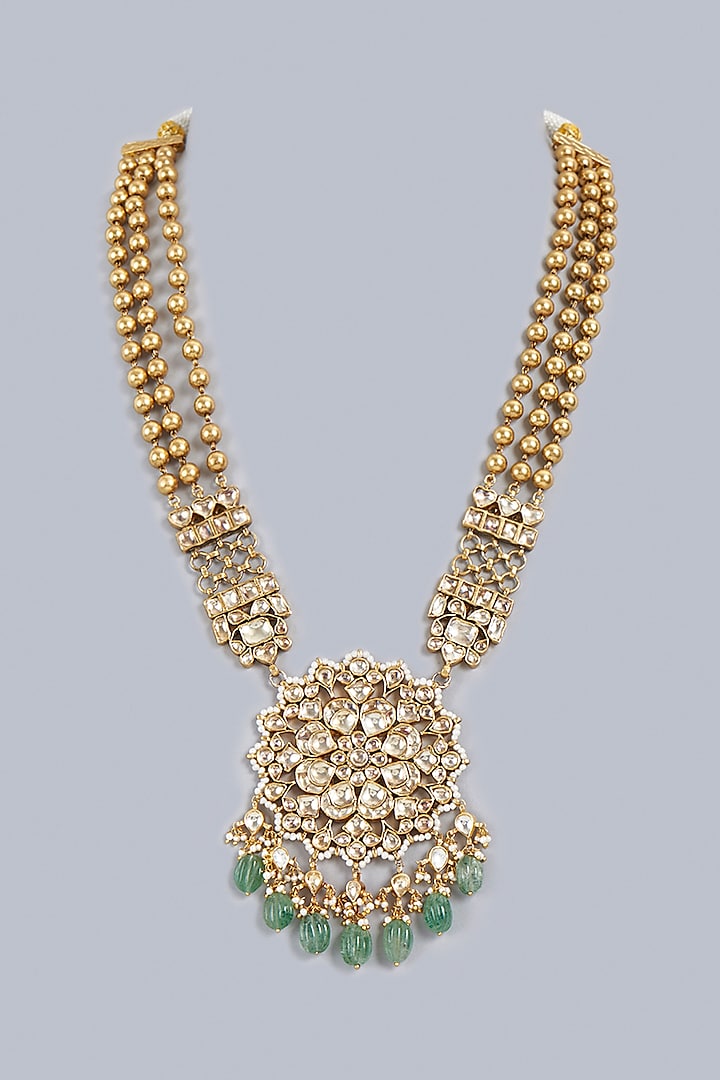 Gold Finish Kundan Polki Long Necklace In Sterling Silver Design by ...