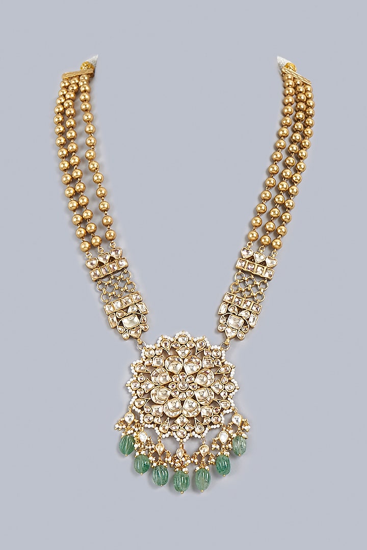 Gold Finish Kundan Polki Long Necklace In Sterling Silver by Vinanti Manji at Pernia's Pop Up Shop